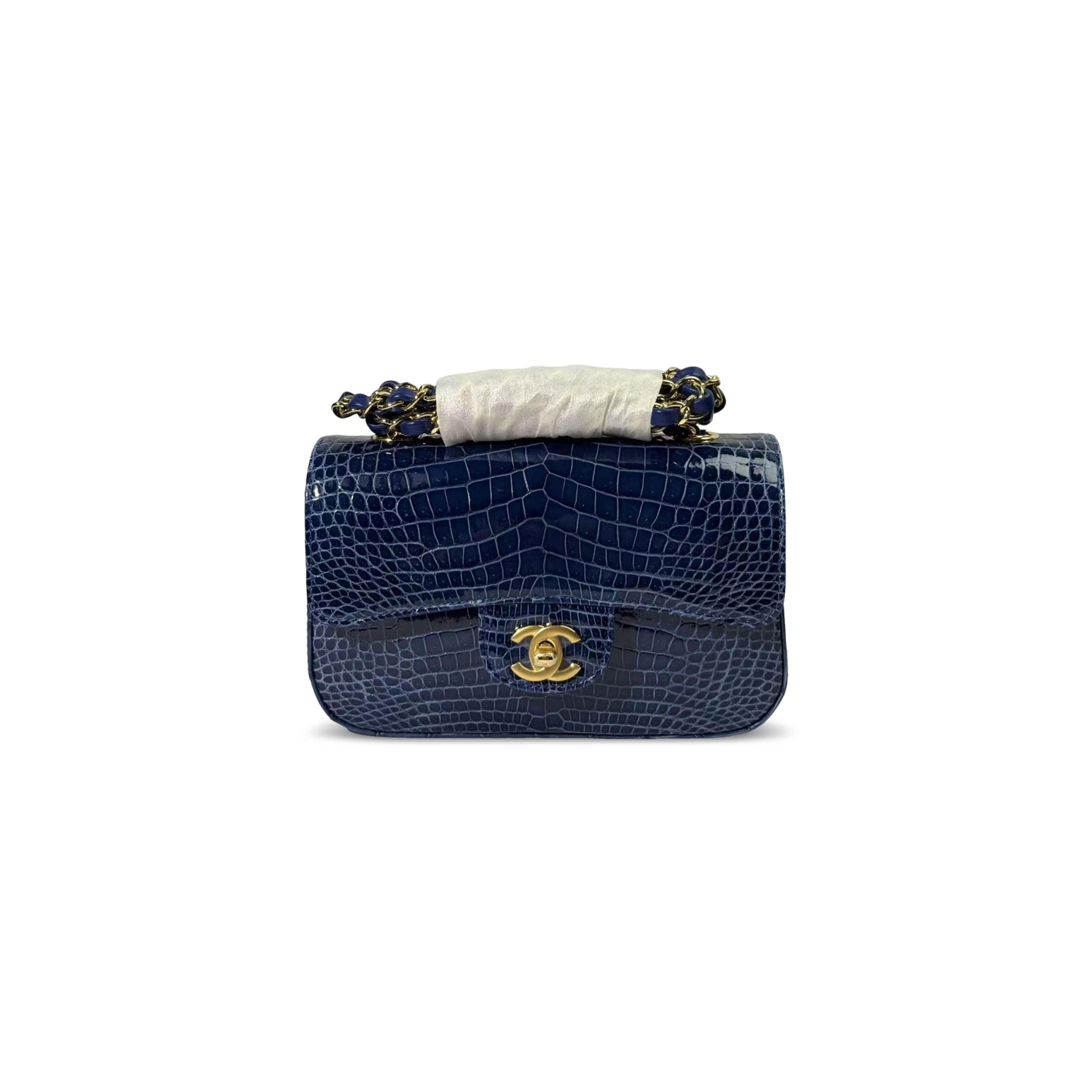 CHANEL MASTER MINI SHINY BLUE ALLIGATOR CLASSIC FLAP BAG (20*12*6cm)